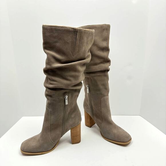 Splendid | Gloria Taupe Suede Leather Block Heel Square Toe Scrunch Riding Boots - Picture 4 of 13